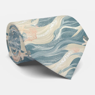 Elegant Navy Gold Coastal Waves Starfish Tie