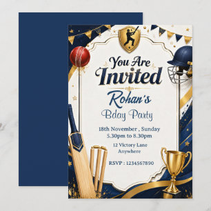 Elegant Navy & Gold Cricket Birthday Invitation 