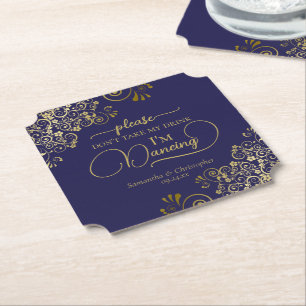 Elegant Navy & Gold Don't Take My Drink Wedding Paper Coaster