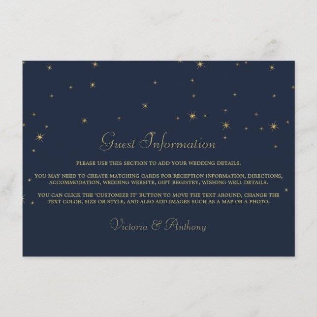 Elegant Navy & Gold Falling Stars Wedding Detail Enclosure Card (Front)