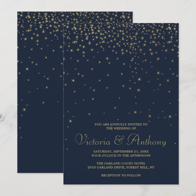 Elegant Navy & Gold Falling Stars Wedding Invitation (Front/Back)