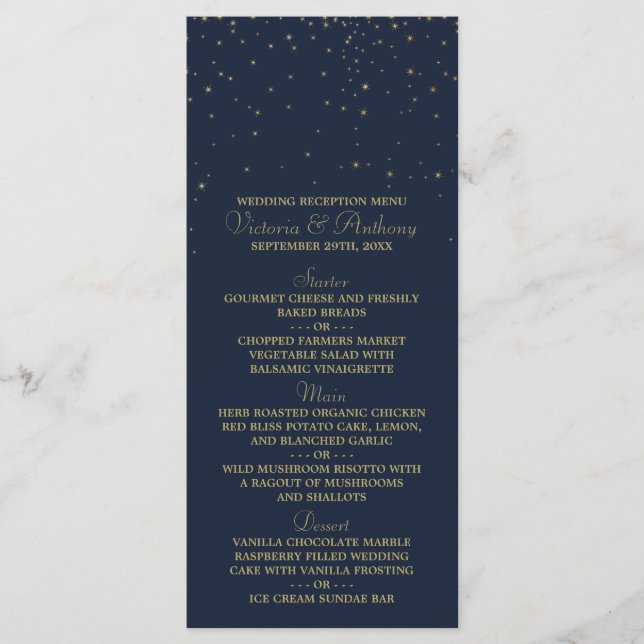 Elegant Navy & Gold Falling Stars Wedding Menu (Front)