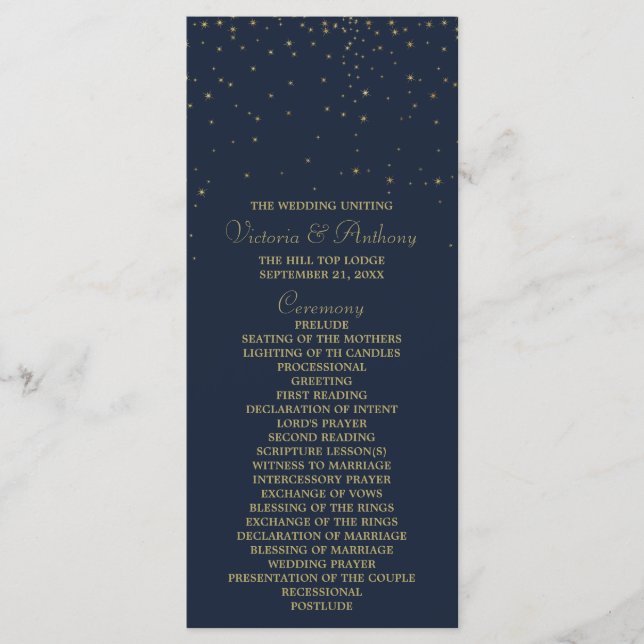 Elegant Navy & Gold Falling Stars Wedding Program Programme (Front)