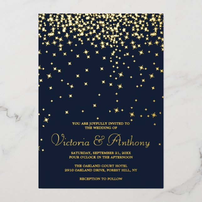 Elegant Navy & Gold Falling Stars Wedding Real (Front)