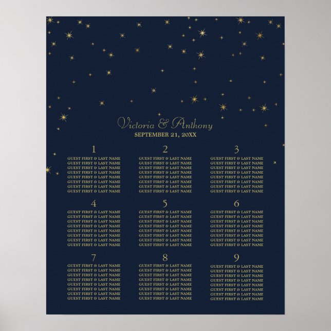 Elegant Navy & Gold Falling Stars Wedding Seating Poster (Front)