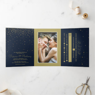 Elegant Navy & Gold Falling Stars Wedding Suite Tri-Fold Invitation