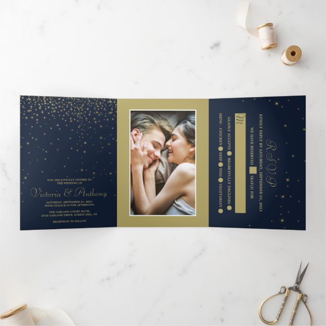 Elegant Navy & Gold Falling Stars Wedding Suite Tri-Fold Invitation (Inside)