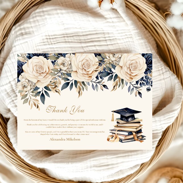 Elegant Navy Gold Floral Graduation  Thank You Card (Creator Uploaded)