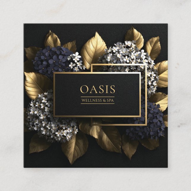 Elegant Navy Gold Floral Square Business Card (Front)