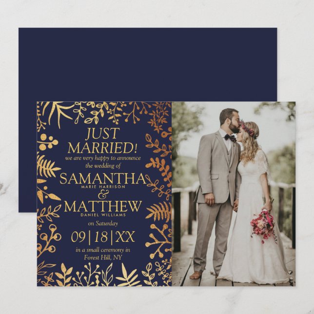 Elegant Navy & Gold Floral Wedding Photo Announcement (Front/Back)