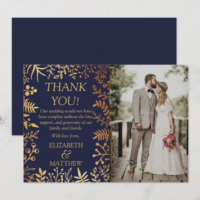 Elegant Navy & Gold Floral Wedding Photo Thank You Card (Front/Back)
