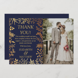 Elegant Navy & Gold Floral Wedding Photo Thank You Card