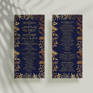 Elegant Navy & Gold Floral Wedding Program Rack Card