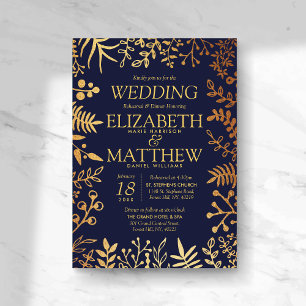 Elegant Navy & Gold Floral Wedding Rehearsal Invitation