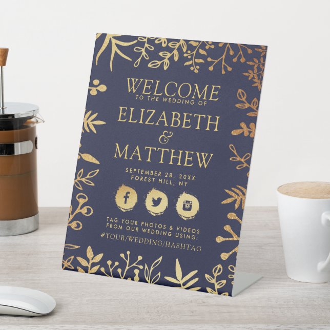 Elegant Navy & Gold Floral Wedding Welcome Pedestal Sign (In SItu)