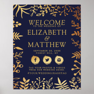 Elegant Navy & Gold Floral Wedding Welcome Poster