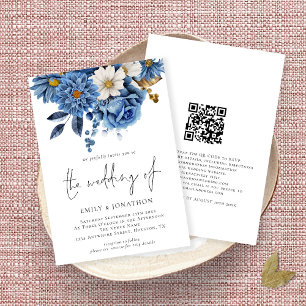 Elegant Navy Gold Florals QR Code Wedding Invitation