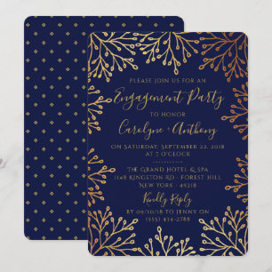 Elegant Navy & Gold Foil Floral Engagement Party Invitation