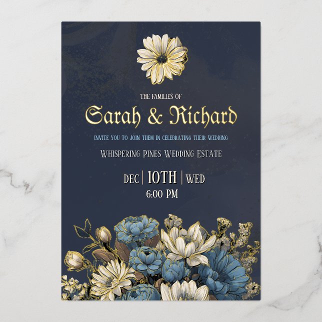Elegant Navy & Gold Foil Floral Wedding (Front)