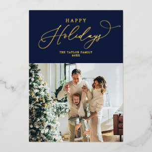 Elegant Navy Gold Foil Happy Holidays Christmas Foil Holiday Card