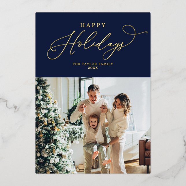 Elegant Navy Gold Foil Happy Holidays Christmas Foil Holiday Card (Front)