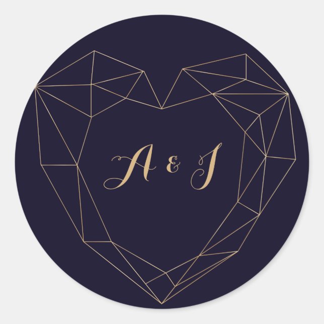 Elegant Navy Gold Geometric Heart Frame Wedding Classic Round Sticker (Front)