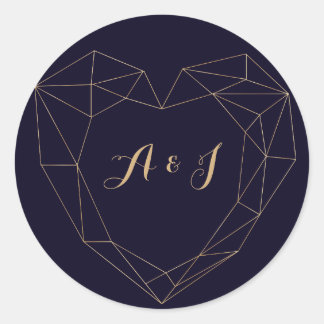 Elegant Navy Gold Geometric Heart Frame Wedding Classic Round Sticker