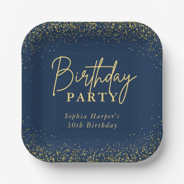 Elegant Navy Gold Glitter Confetti Birthday Party Paper Plate (Front)