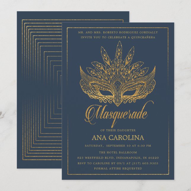 Elegant Navy Gold Glitter Masquerade Quinceañera Invitation (Front/Back)