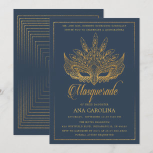 Elegant Navy Gold Glitter Masquerade Quinceañera Invitation
