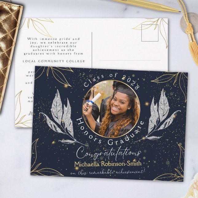 Elegant Navy Gold Graduation Announcement Postcard (Creator Uploaded)