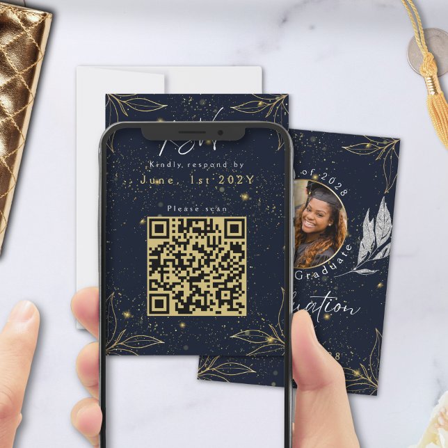 Elegant Navy Gold Graduation Party QR Code RSVP Card (Creator Uploaded)