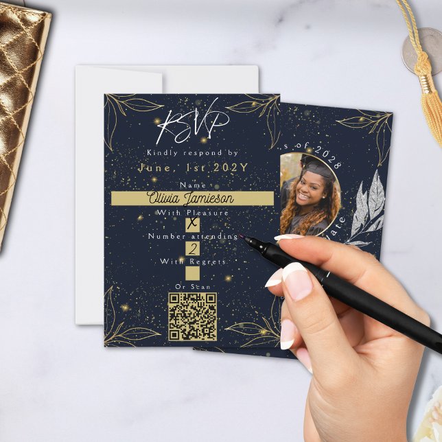 Elegant Navy Gold Graduation Party RSVP Card (Creator Uploaded)