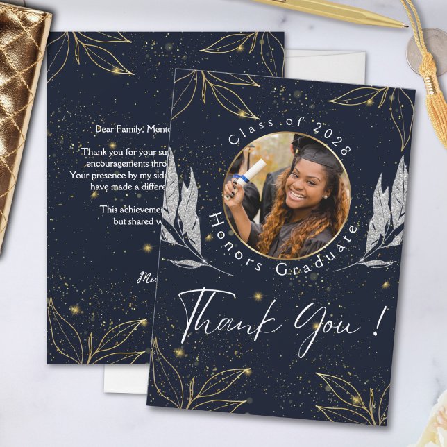 Elegant Navy Gold Graduation Thank You Card (Creator Uploaded)