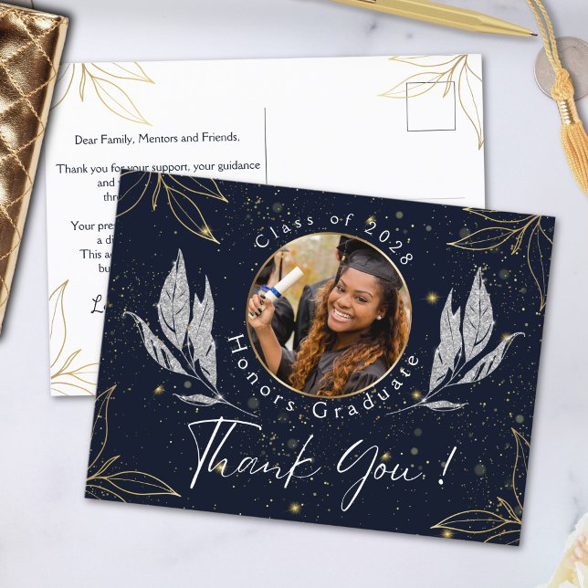 Elegant Navy Gold Graduation Thank You Postcard (Creator Uploaded)