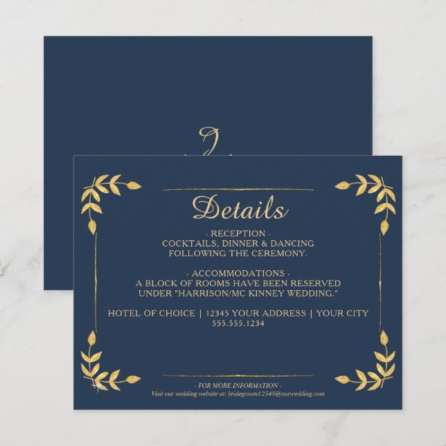 Elegant Navy Gold Greenery Classy Wedding Details Invitation (Front/Back)