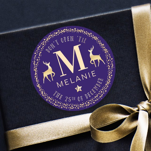Elegant Navy & Gold l Do Not Open Til Christmas Classic Round Sticker (Elegant Navy & Gold l Do Not Open Til Christmas Classic Round Sticker)