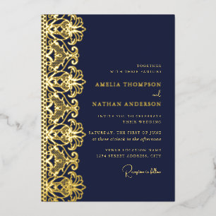 Elegant Navy Gold Lace Wedding Foil Invitation