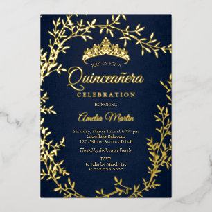 Elegant Navy Gold Leaf Wreath Quinceanera