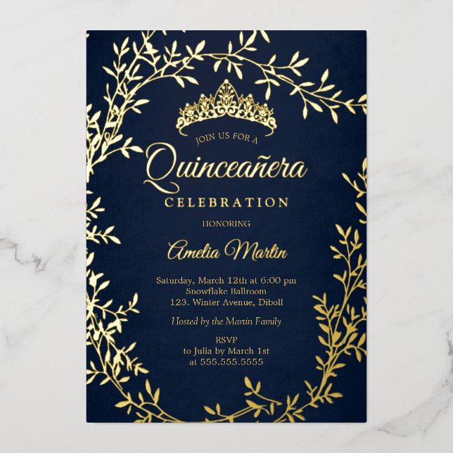 Elegant Navy Gold Leaf Wreath Quinceanera (Front)