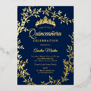 Elegant Navy Gold Leaf Wreath Quinceanera