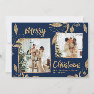 Elegant Navy Gold Leaves 2 Photo Christmas Card