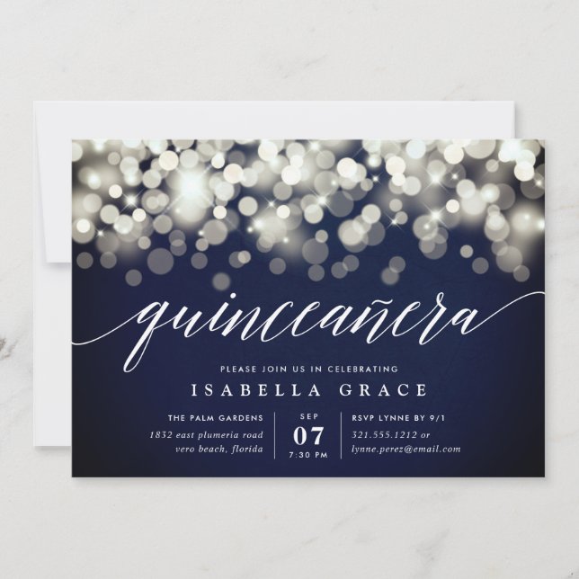 Elegant Navy & Gold Lights Quinceanera Invitation (Front)
