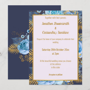 ELEGANT NAVY GOLD LILAC FLORAL WEDDING INVITATION