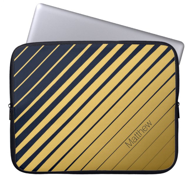Elegant Navy & Gold Lines with Custom Name Laptop Sleeve (Front)