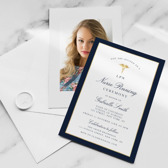 Elegant navy & gold LPN nurse pinning ceremony Invitation (Creator Uploaded)