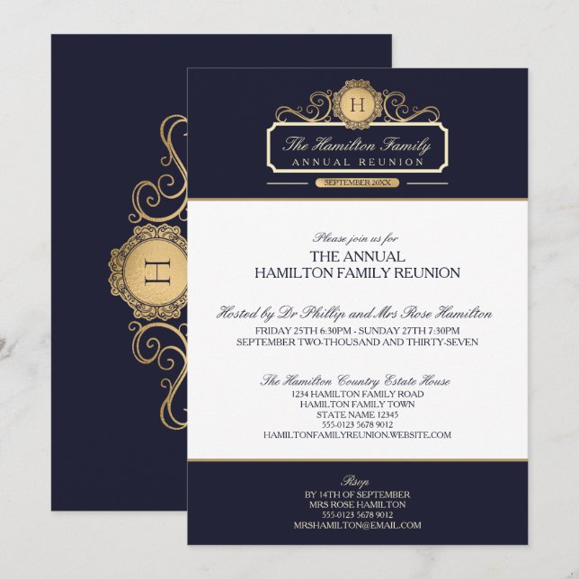 Elegant Navy Gold Monogram Annual Family Reunion Invitation (Front/Back)