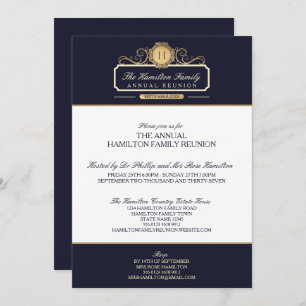 Elegant Navy Gold Monogram Annual Family Reunion Invitation