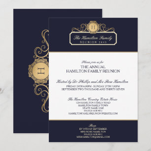 Elegant Navy Gold Monogram Family Reunion Invitation