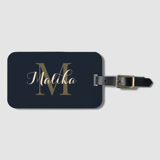 Elegant Navy Gold Monogram Personalised Acrylic Luggage Tag (Front Horizontal)
